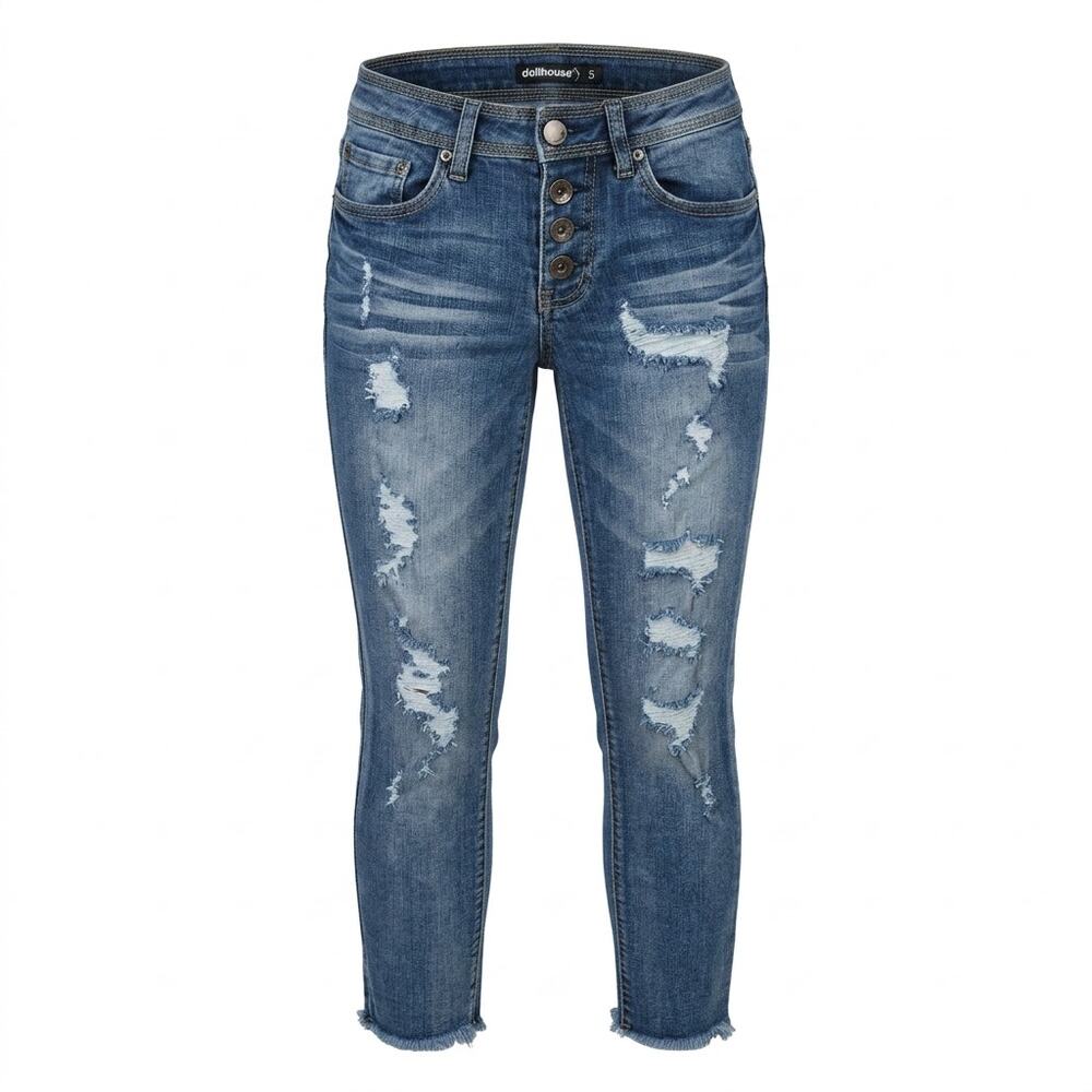 Dollhouse Charley Blue Distressed Raw Hem Button Fly Jeans Women Size 5